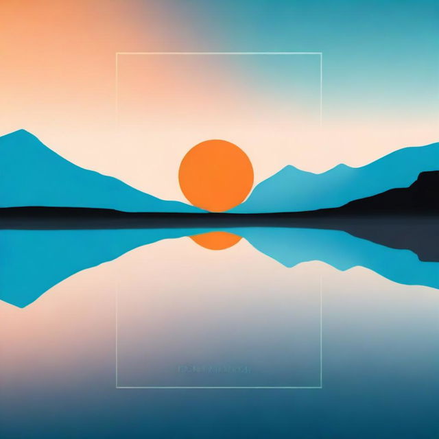 Generate a square poster featuring a serene blue lake with still water, a black horizon line, and an orange sky