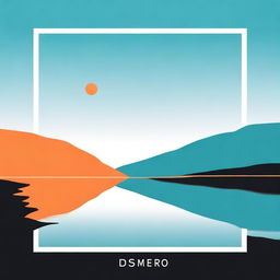 Generate a square poster featuring a serene blue lake with still water, a black horizon line, and an orange sky