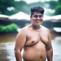 An Indian rich, handsome, fat 18-year-old boy with an embarrassed smile in a wet state, wearing a white bikini