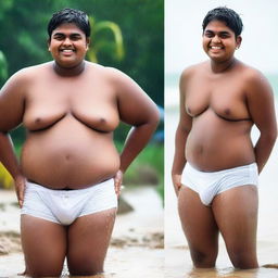 An Indian rich, handsome, fat 18-year-old boy with an embarrassed smile in a wet state, wearing a white bikini