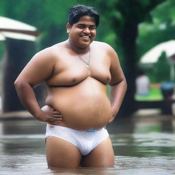 An Indian rich, handsome, fat 18-year-old boy with an embarrassed smile in a wet state, wearing a white bikini