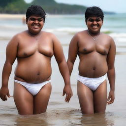 An Indian rich, handsome, fat 18-year-old boy with an embarrassed smile in a wet state, wearing a white bikini