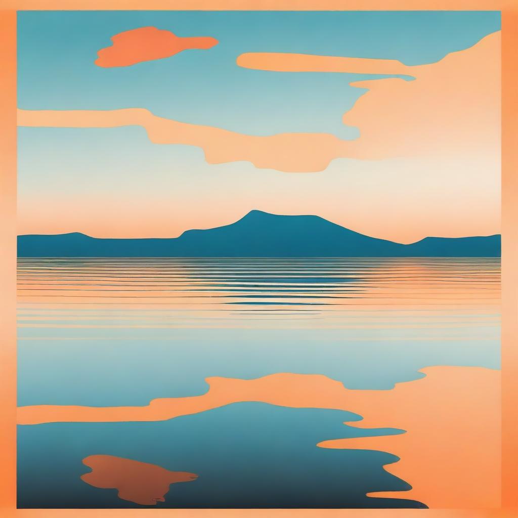 Generate a square poster featuring a serene blue lake with still water, a black horizon line, and an entirely orange sky