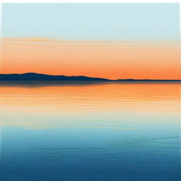 Generate a square poster featuring a serene blue lake with still water, a black horizon line, and an entirely orange sky