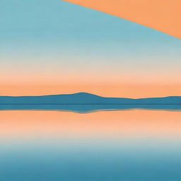 Generate a square poster featuring a serene blue lake with still water, a black horizon line, and an entirely orange sky