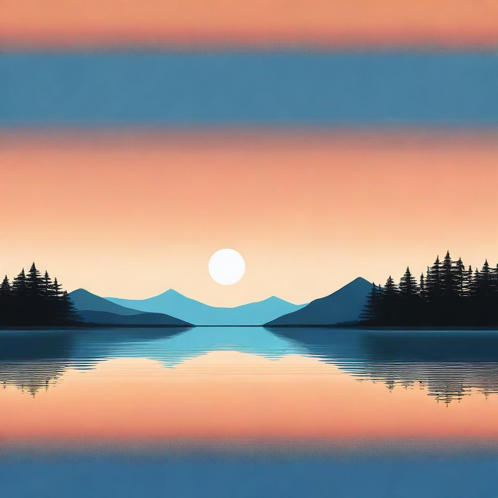 Generate a square poster featuring a serene blue lake with still water, a black horizon line, and an entirely orange sky