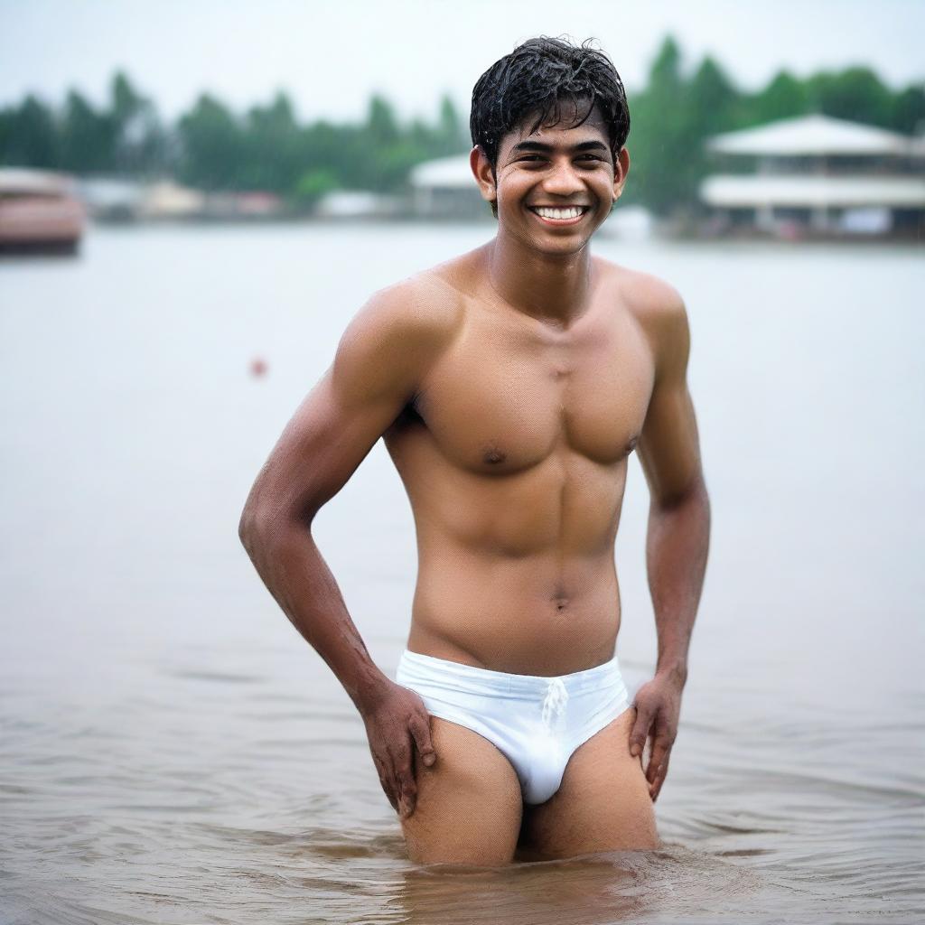 An Indian rich, handsome, medium-fat 18-year-old boy with an embarrassed smile in a wet state, wearing a white bikini