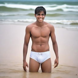 An Indian rich, handsome, medium-fat 18-year-old boy with an embarrassed smile in a wet state, wearing a white bikini