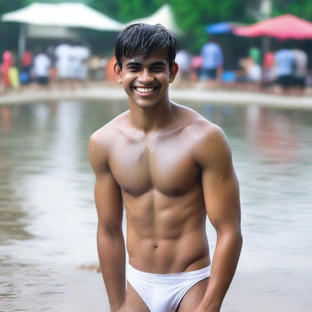 An Indian rich, handsome, medium-fat 18-year-old boy with an embarrassed smile in a wet state, wearing a white bikini