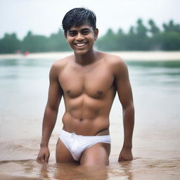 An Indian rich, handsome, medium-fat 18-year-old boy with an embarrassed smile in a wet state, wearing a white bikini