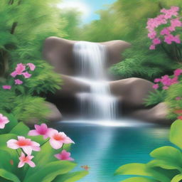 A beautiful and serene waterfall cascading down into a tranquil pool, surrounded by lush greenery and vibrant flowers