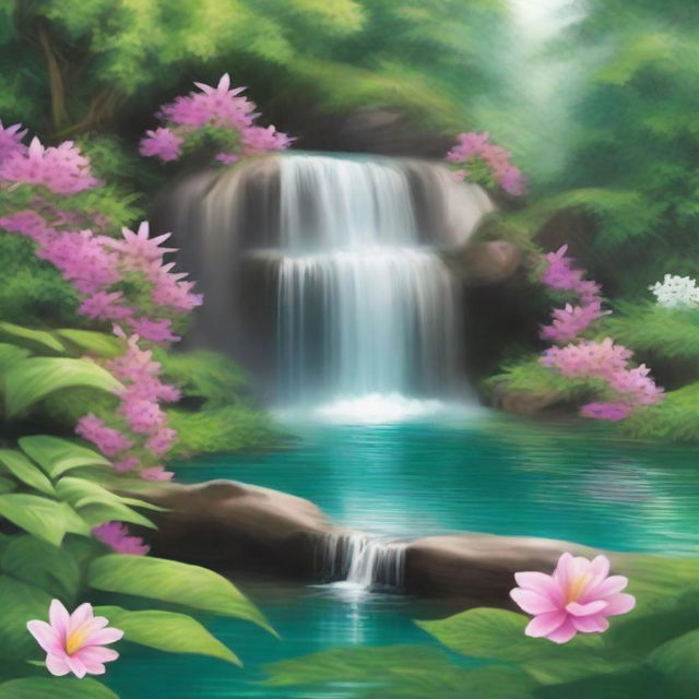 A beautiful and serene waterfall cascading down into a tranquil pool, surrounded by lush greenery and vibrant flowers