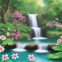 A beautiful and serene waterfall cascading down into a tranquil pool, surrounded by lush greenery and vibrant flowers