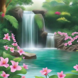 A beautiful and serene waterfall cascading down into a tranquil pool, surrounded by lush greenery and vibrant flowers