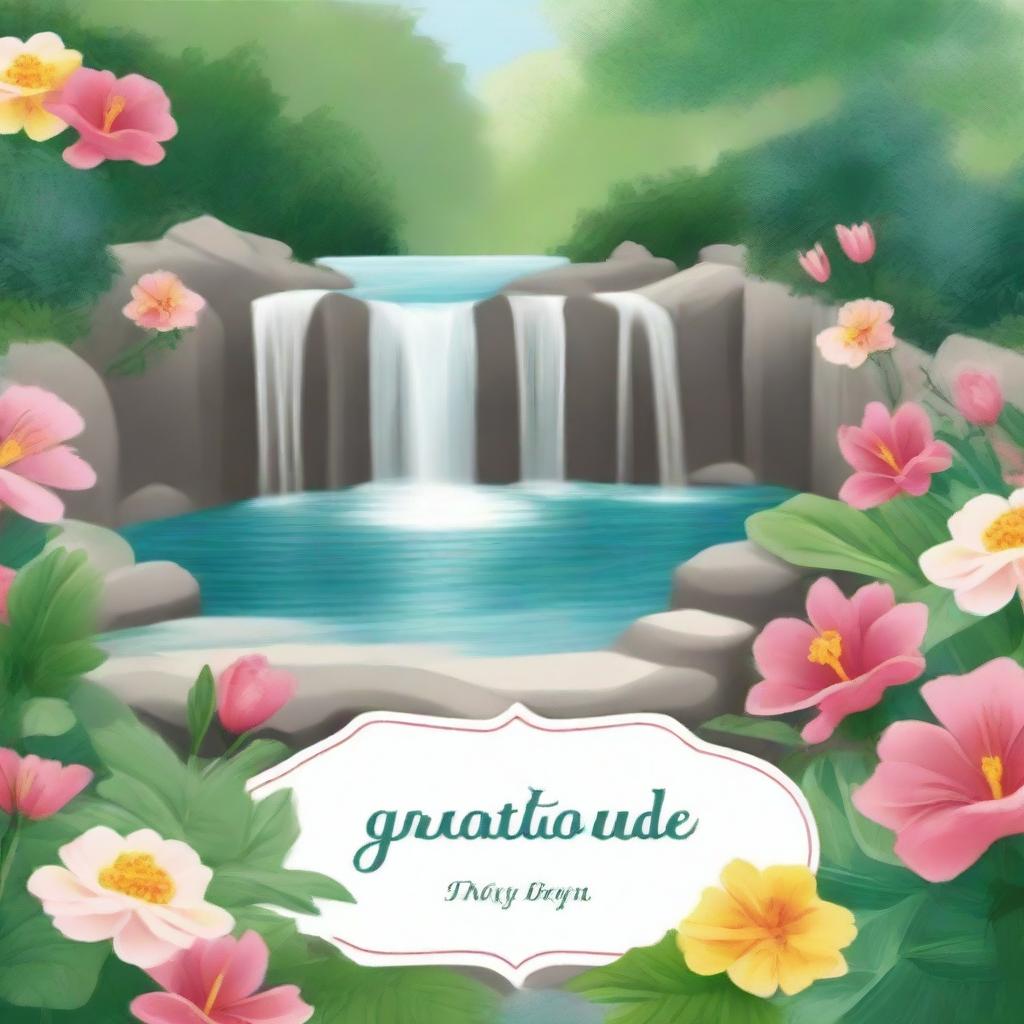 A beautiful and serene waterfall cascading down into a tranquil pool, surrounded by lush greenery and vibrant flowers