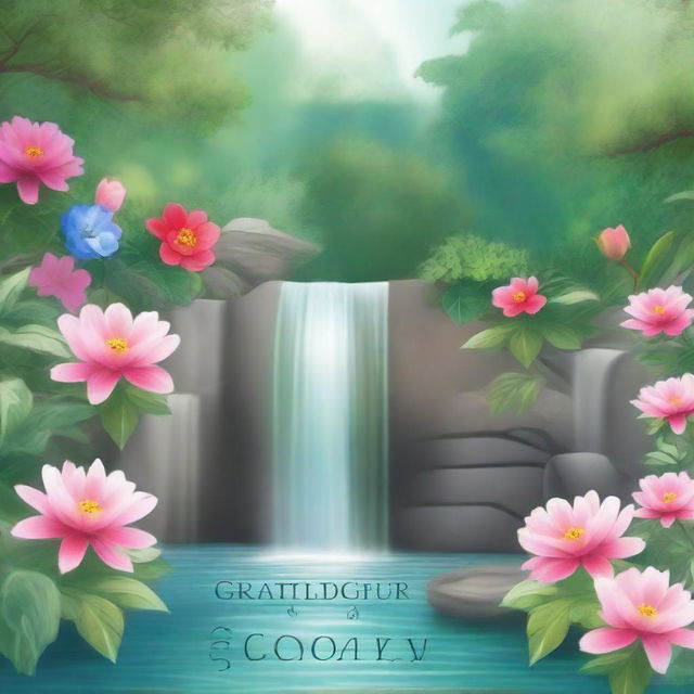 A beautiful and serene waterfall cascading down into a tranquil pool, surrounded by lush greenery and vibrant flowers