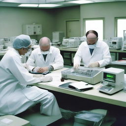 A laboratory scene with people lying or sitting with electrodes on their heads