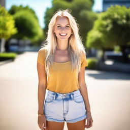 A stylish blonde woman wearing shorts, standing confidently in a casual outdoor setting