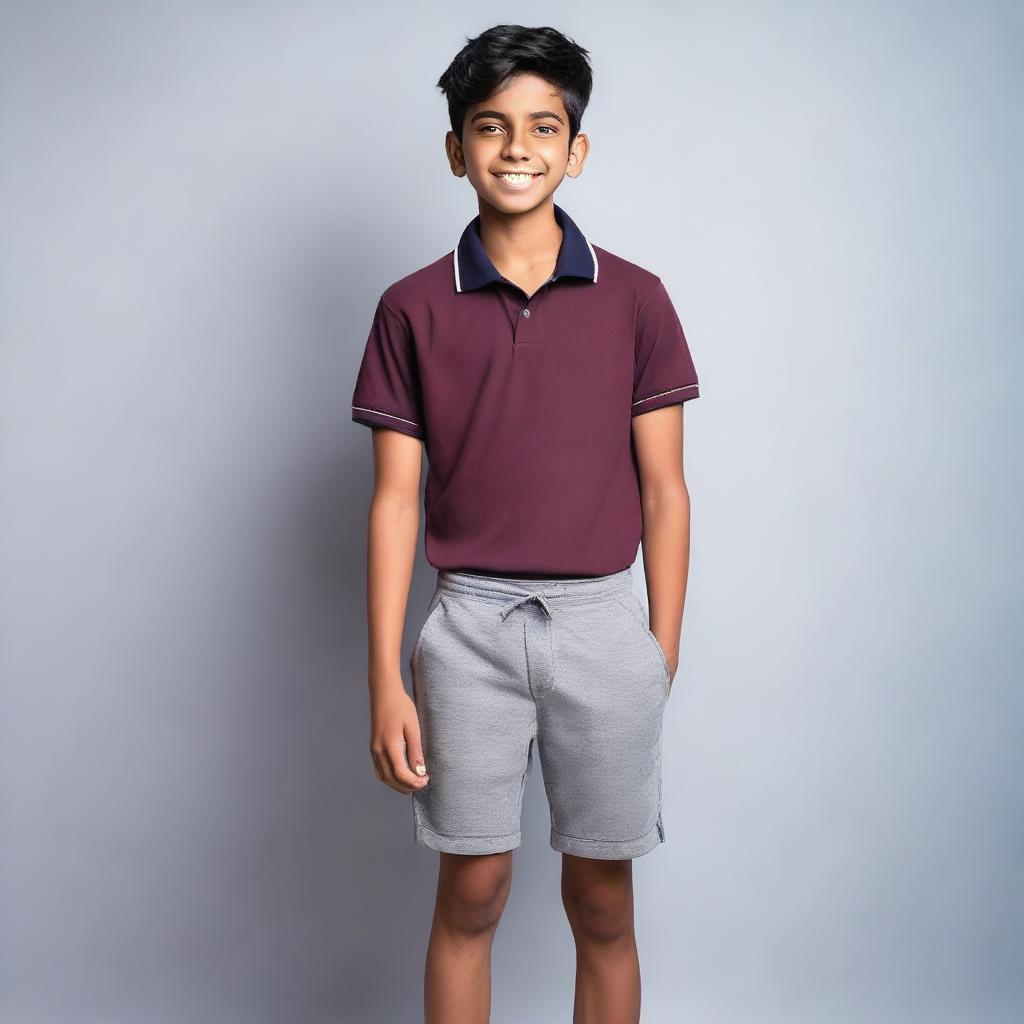 A full-body image of an Indian teenager boy wearing gym shorts