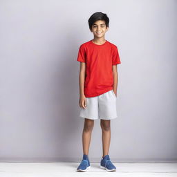 A full-body image of an Indian teenager boy wearing gym shorts