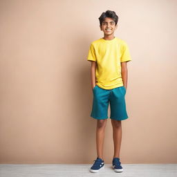 A full-body image of an Indian teenager boy wearing gym shorts