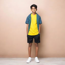 A full-body image of an Indian teenager boy wearing gym shorts