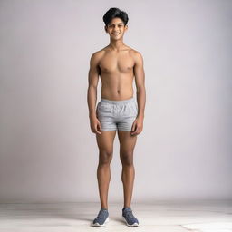 A full-body image of a 20-year-old Indian boy wearing gym briefs