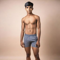 A full-body image of a 20-year-old Indian boy wearing gym briefs