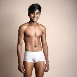 A full-body image of a 20-year-old Indian boy wearing white gym briefs