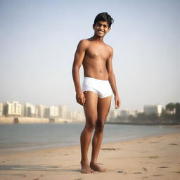 A full-body image of a 20-year-old Indian boy wearing white gym briefs