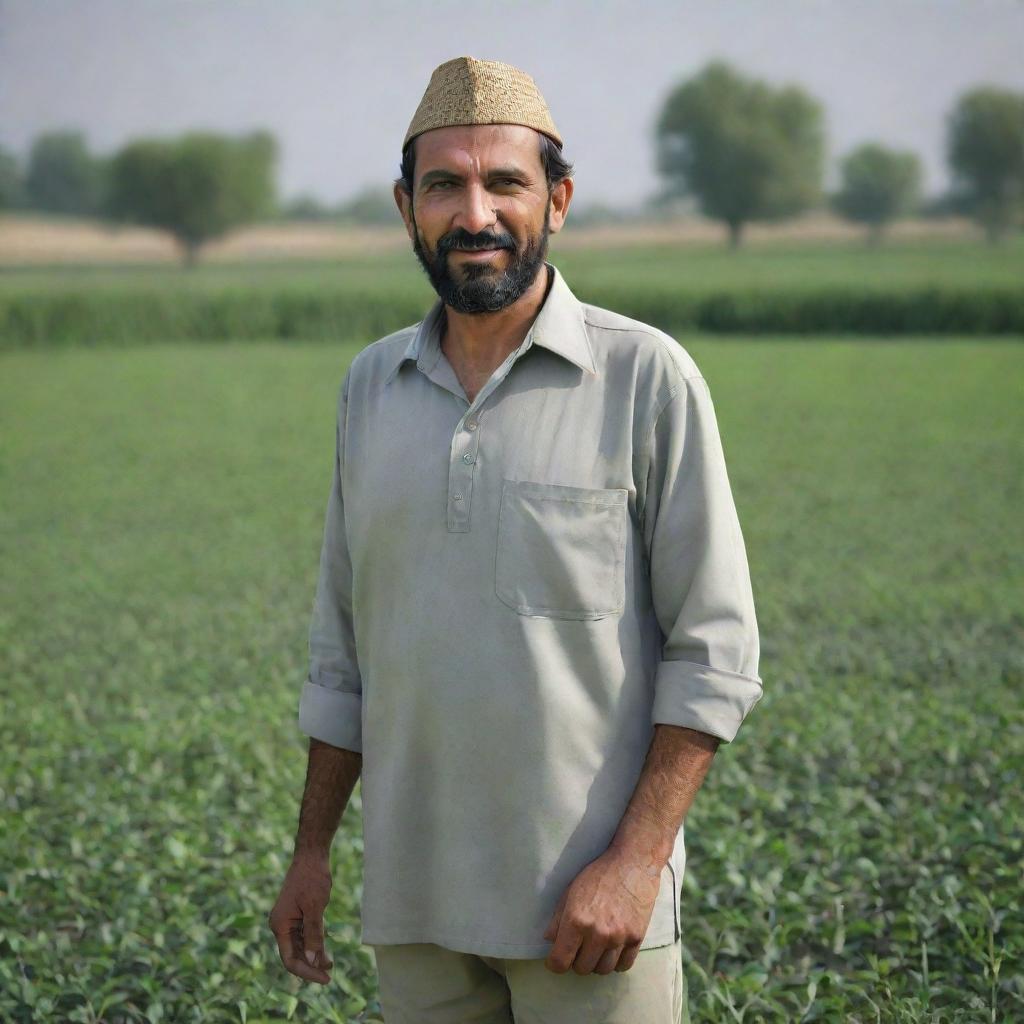 A photorealistic image of a full-bodied, front view of a Pakistani farmer standing in a lush field, rendered in sharp focus.