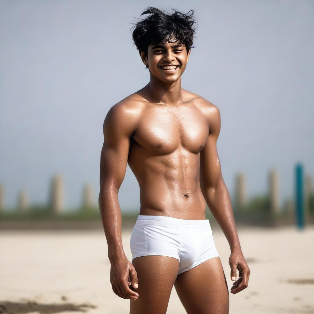 A full-body image of a 20-year-old Indian boy wearing white gym briefs