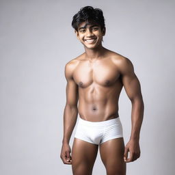 A full-body image of a 20-year-old Indian boy wearing white gym briefs