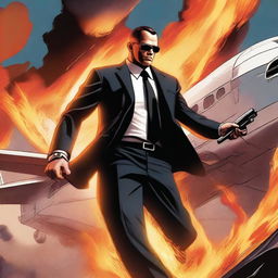 A striking digital art image of a secret service agent on a flaming plane