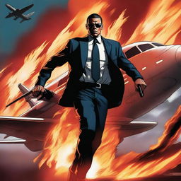 A striking digital art image of a secret service agent on a flaming plane