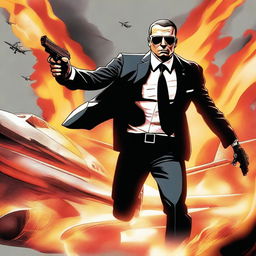 A striking digital art image of a secret service agent on a flaming plane