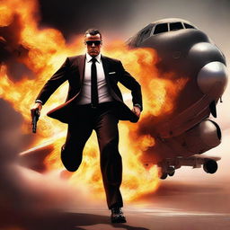 A striking digital art image of a secret service agent on a flaming plane