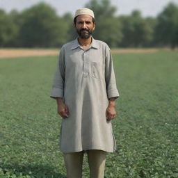 A photorealistic image of a full-bodied, front view of a Pakistani farmer standing in a lush field, rendered in sharp focus.