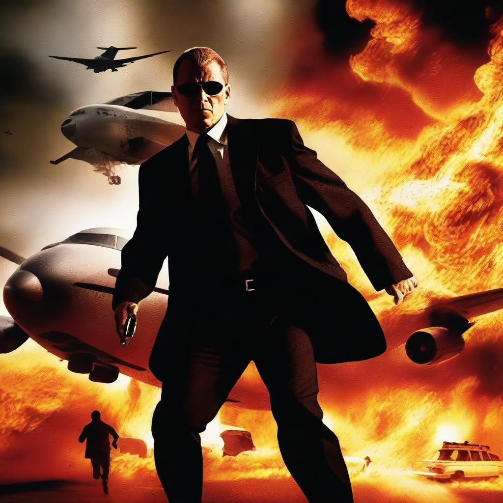 A movie poster of a secret service agent on a flaming plane