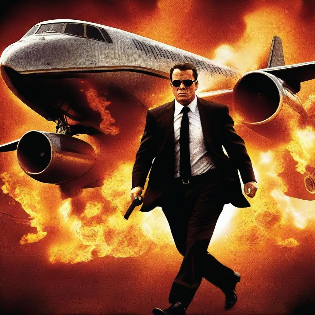 A movie poster of a secret service agent on a flaming plane