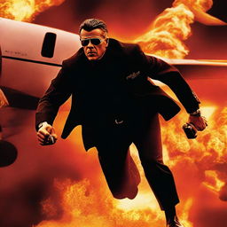 A movie poster of a secret service agent on a flaming plane