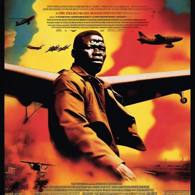 A striking movie poster featuring an African Bo on a flaming plane