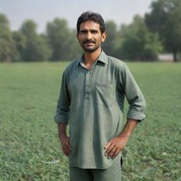 A photorealistic image of a full-bodied, front view of a Pakistani farmer standing in a lush field, rendered in sharp focus.