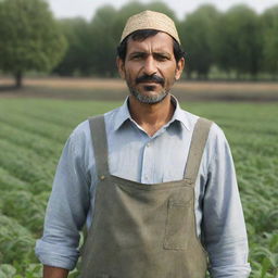 A photorealistic image of a full-bodied, front view of a Pakistani farmer standing in a lush field, rendered in sharp focus.