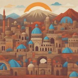 Stylised cartoon background showcasing popular Armenian symbols, landmarks, and cultural elements