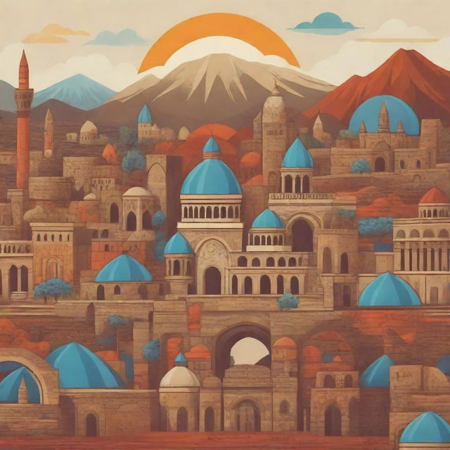 Stylised cartoon background showcasing popular Armenian symbols, landmarks, and cultural elements