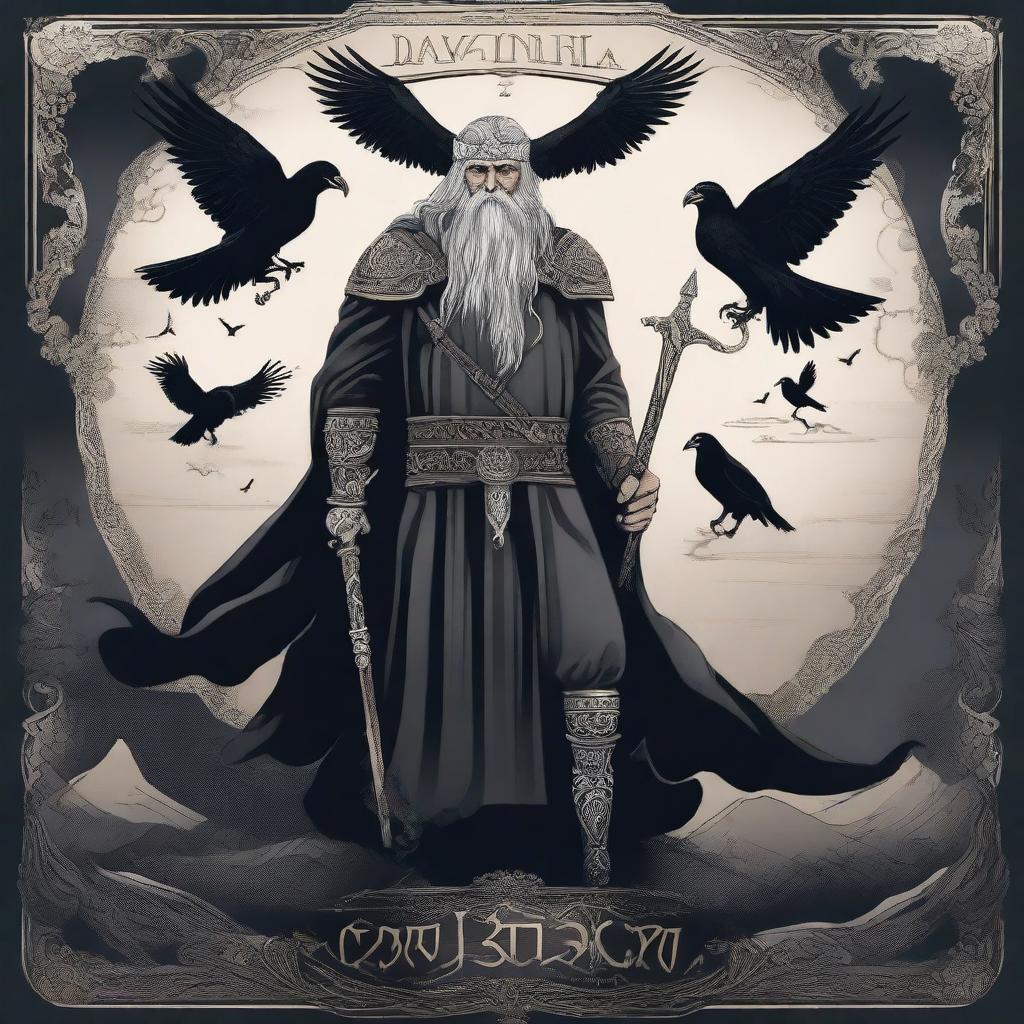 A striking image of Odin, the Norse god, depicted with his iconic spear Gungnir and ravens Huginn and Muninn