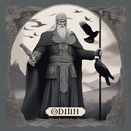 A striking image of Odin, the Norse god, depicted with his iconic spear Gungnir and ravens Huginn and Muninn