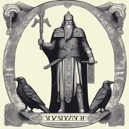 A striking image of Odin, the Norse god, standing majestically with his spear Gungnir and his ravens Huginn and Muninn