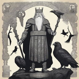 A striking image of Odin, the Norse god, standing majestically with his spear Gungnir and his ravens Huginn and Muninn